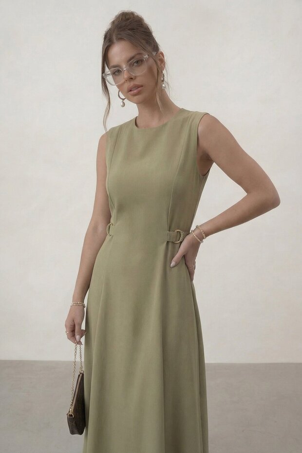Belt Detailed Sleeveless Midi Dress