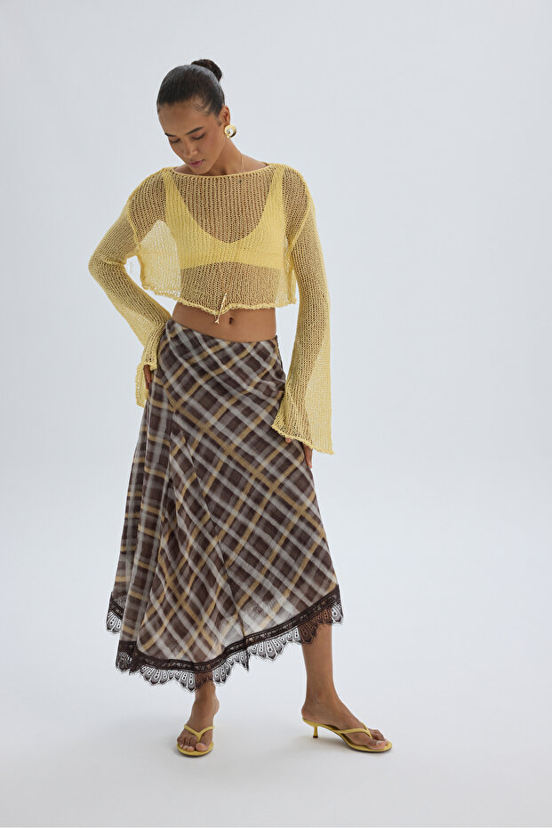Maffy Lace Detail Plaid Yellow Midi Skirt