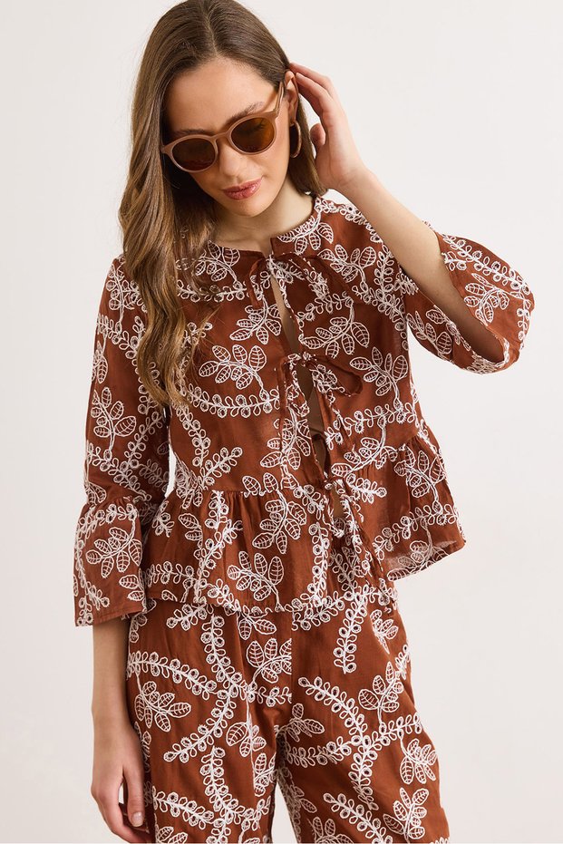 Women's Brown Lace Detailed Scallop Blouse Blz-19003316