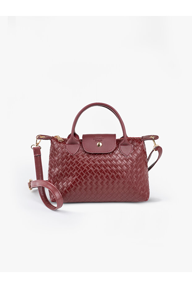 Knitted Textured Burgundy Shk135 Faux Leather , Single Compartment, Double Strap Hand, Arm and Cross Shoulder Bag