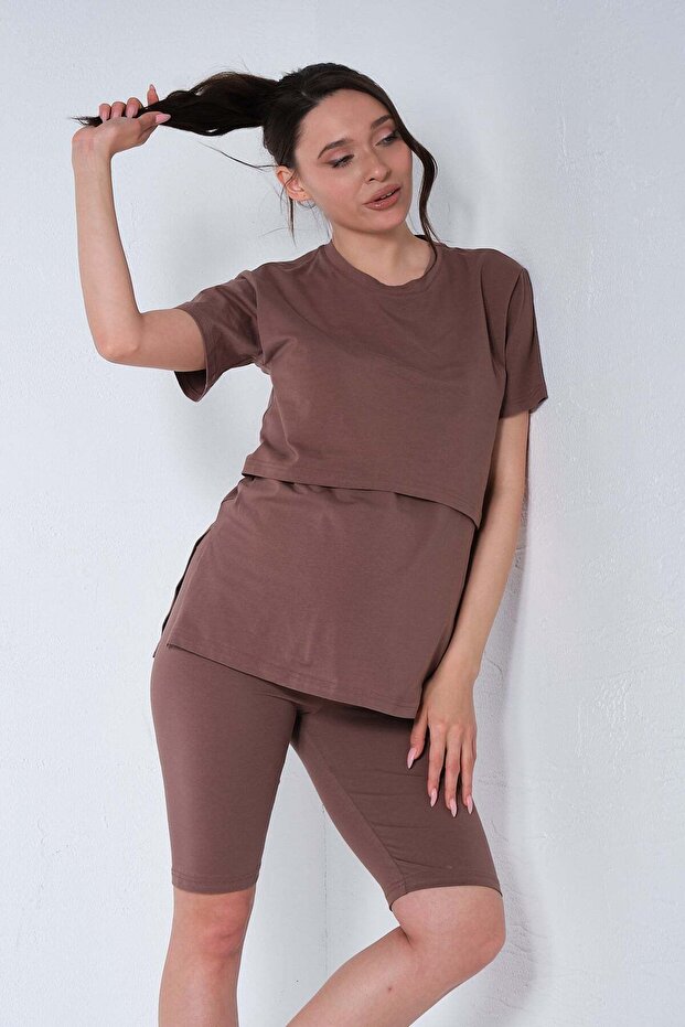 Maternity Breastfeeding Detailed Adjustable Waist Short Sleeve Leggings Set Brown