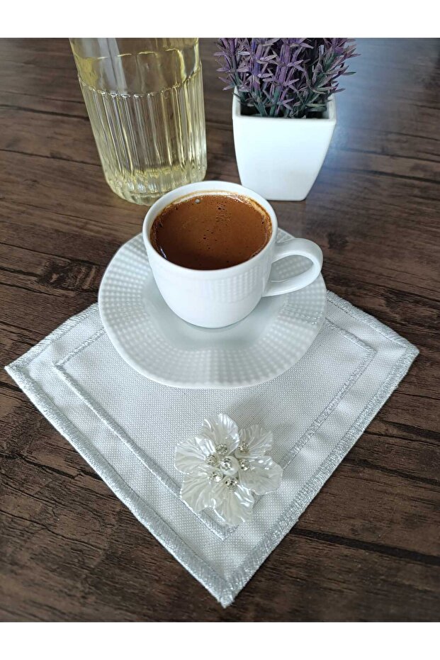 6 Embroidered Cocktail & Coffee Presentation Napkins with Flower Brooches