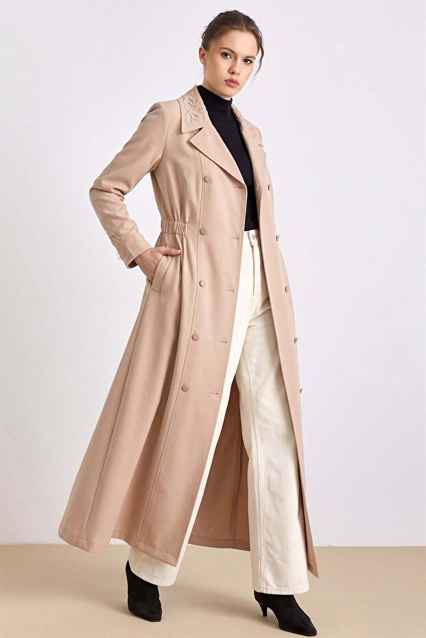 Elaborately Detailed, Elastic Waist, Unlined Long Trench Coat Bej 6853