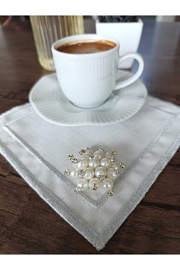 6 Embroidered Cocktail & Coffee Presentation Napkins with Pearl Brooches