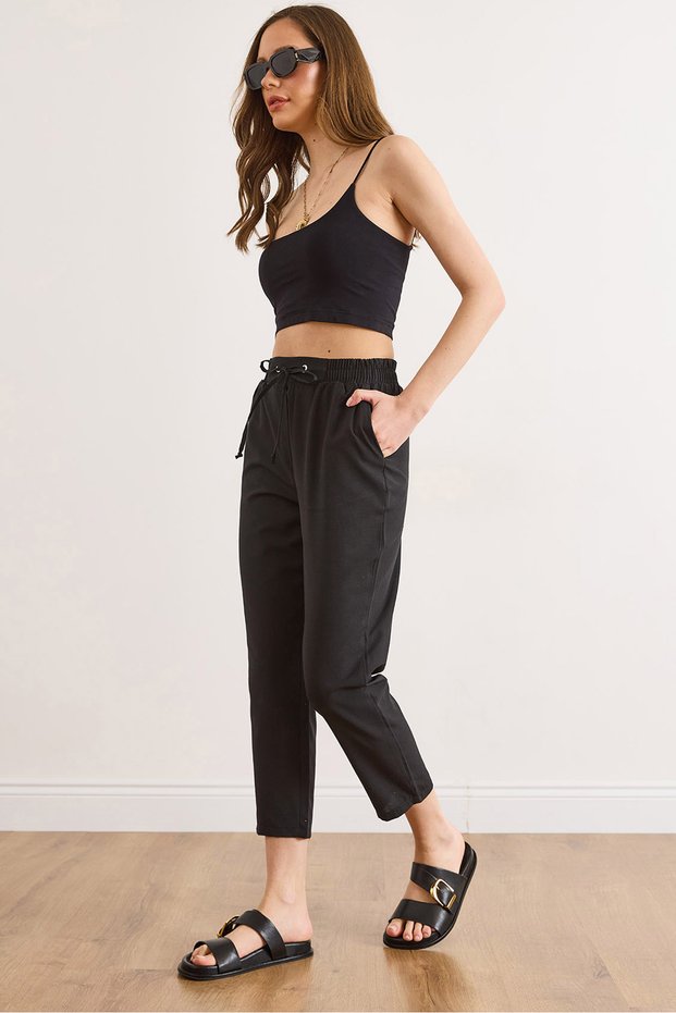 Women's Black Elastic Waist Woven Trousers with Pockets Pnt-19000406