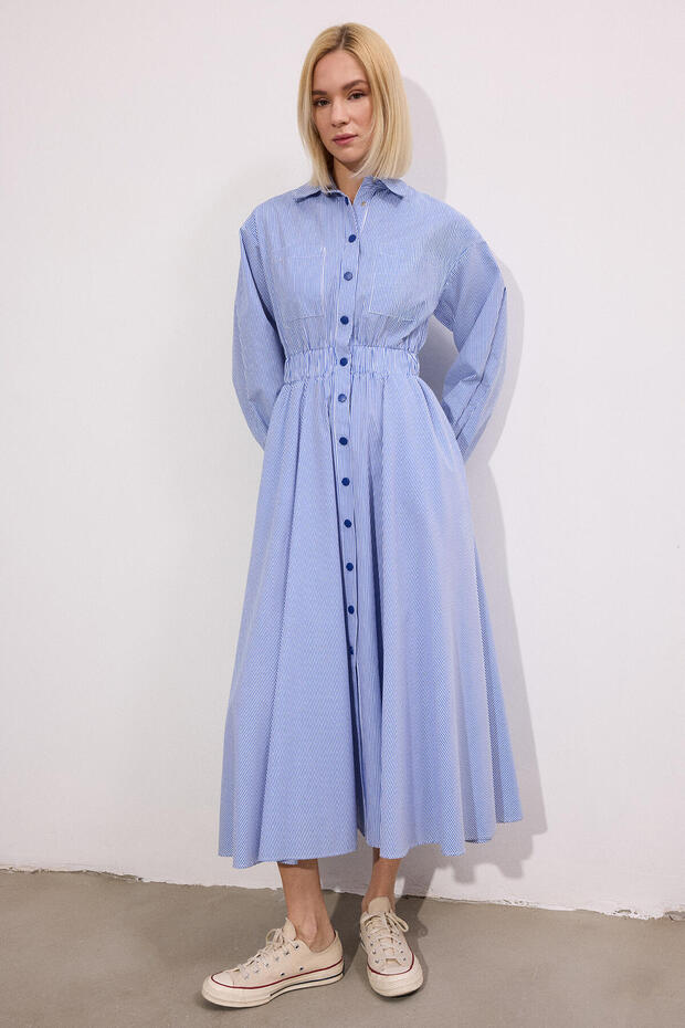 STRIPED WAIST RUBBERED SHIRT DRESS