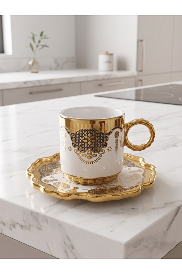 Gold Lace Embroidered & Aristocratic 6-Person Coffee Cup Set