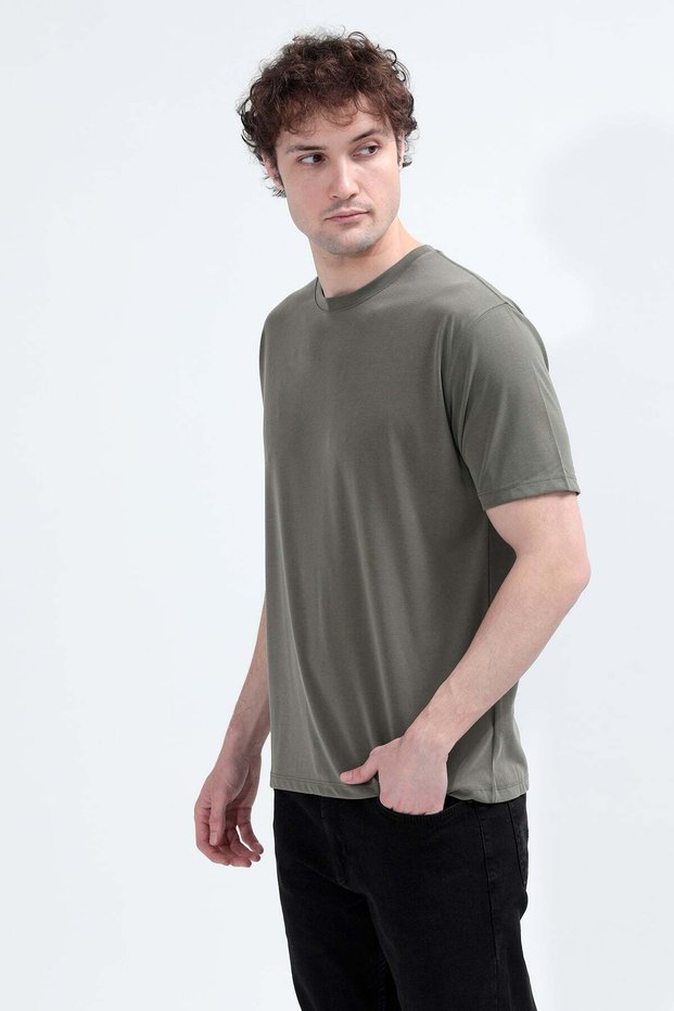 Men's Crew Neck Modal Fabric T-Shirt Khaki - 26Y 2985