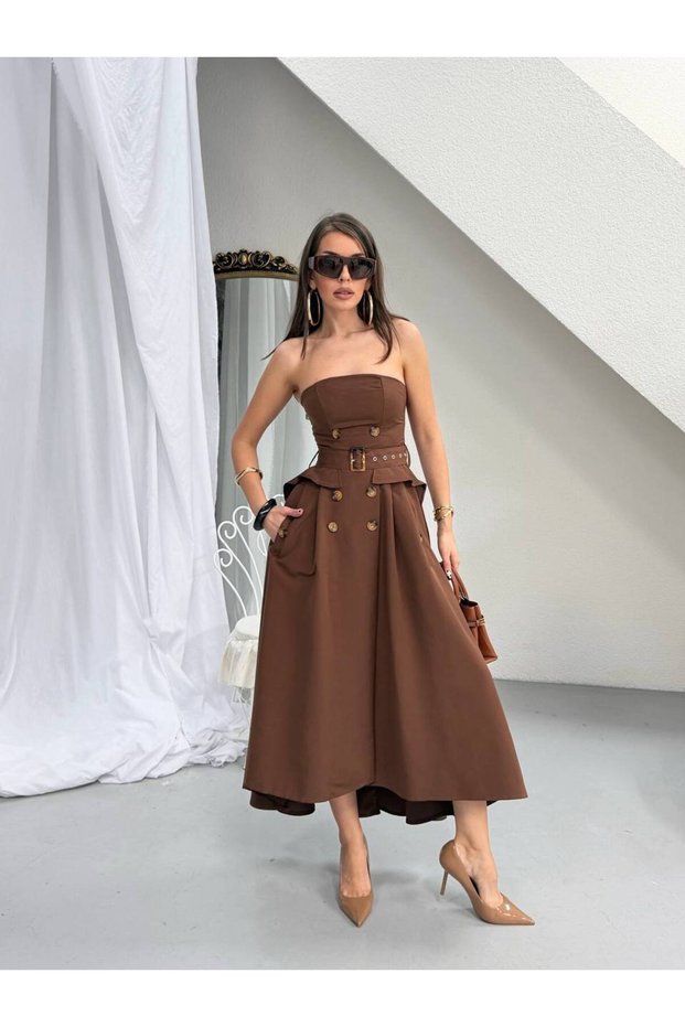 Women's Button and Belt Detailed Cotton Trench Strapless Dress