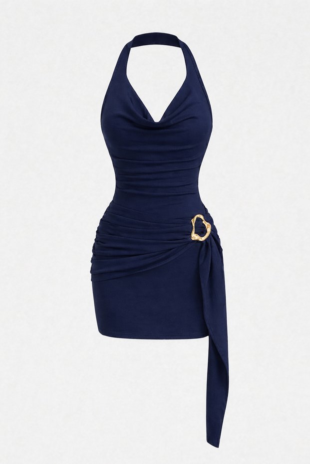 Dark Blue Women's Degaje H Halter Neck t Buckle Detail Belted t Shaping / Sculpting Molded Mini Dress