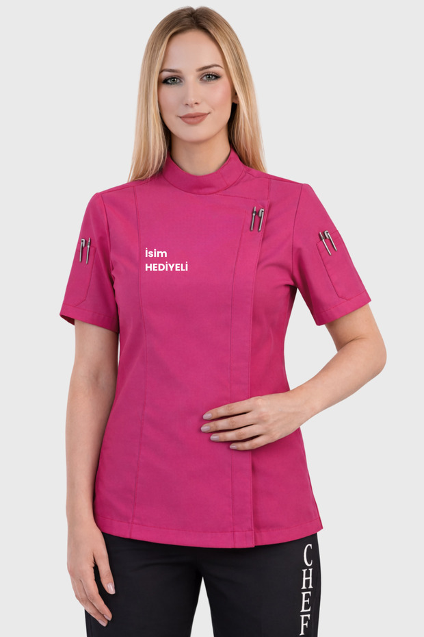 Short Sleeve Fuchsia Pink Women's Chef Jacket with Name Gift Chef Coat Women's Cook Uniform