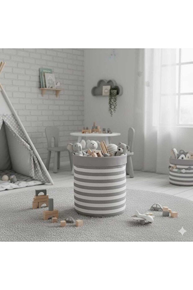 Gray Striped Patterned Dirty Laundry and Toy Basket, Organizer, Organizer, Bathroom & Children's Room