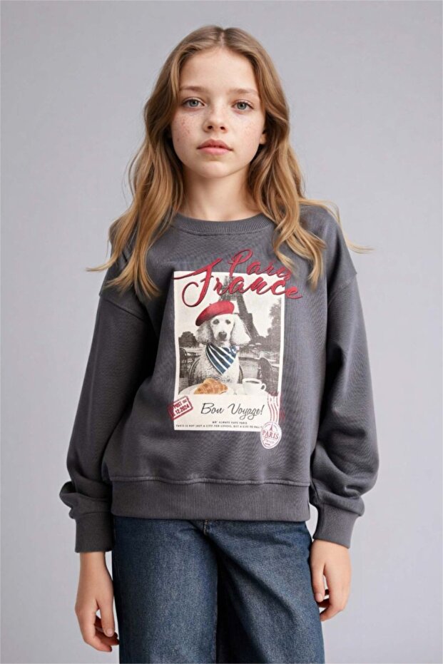 Relax Fit Crew Neck Printed Sweatshirt for Girls E6759A826Sp