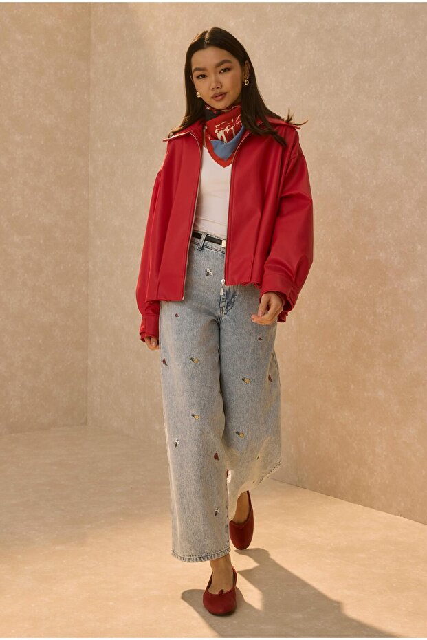 Pile Detailed Leather Jacket Red