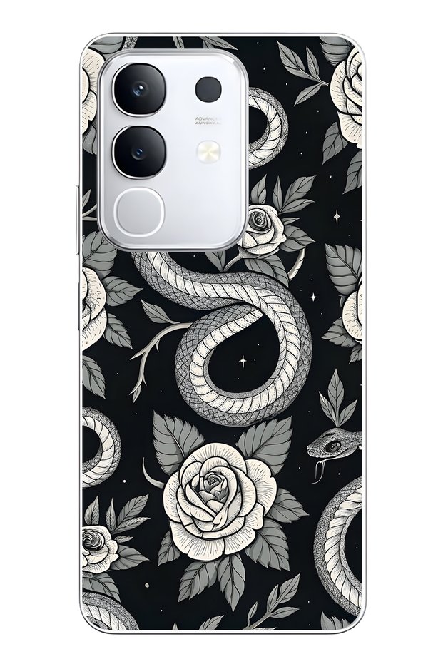 Vivo Y29 Compatible Black Rose and Snake Patterned Transparent Phone Case
