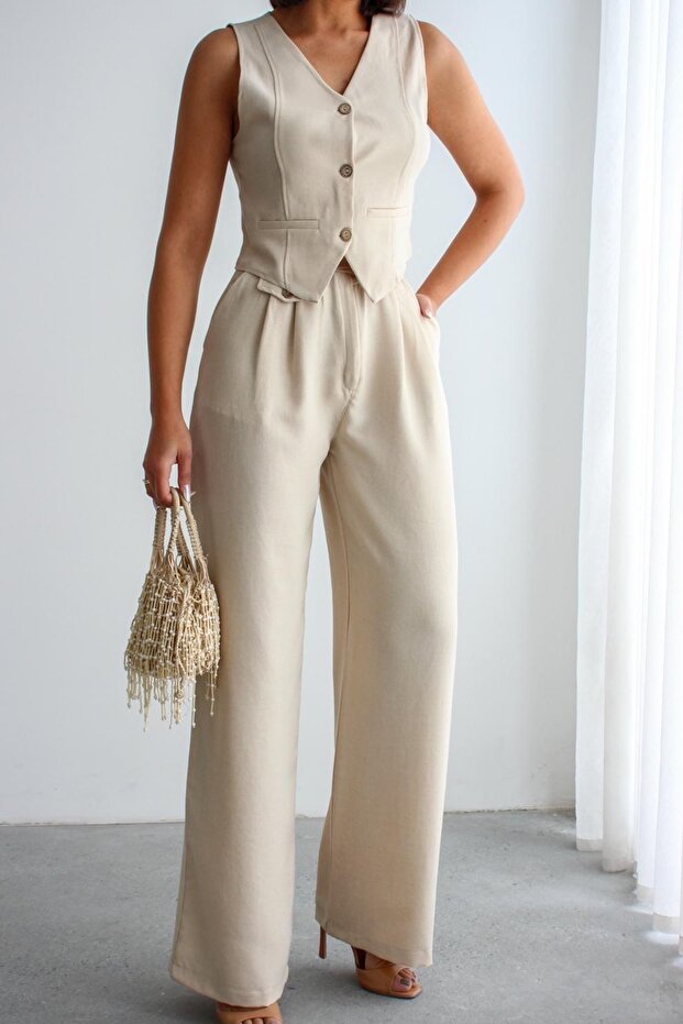 Women's Linen Textured Vest and High Waist Loose Pants Set