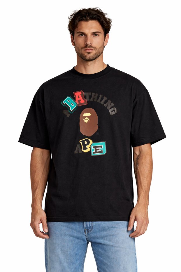 Unisex Women's Men's Bape Colorful Front Logo Printed Oversize Thick Fabric Relaxed Cut Cotton T-Shirt