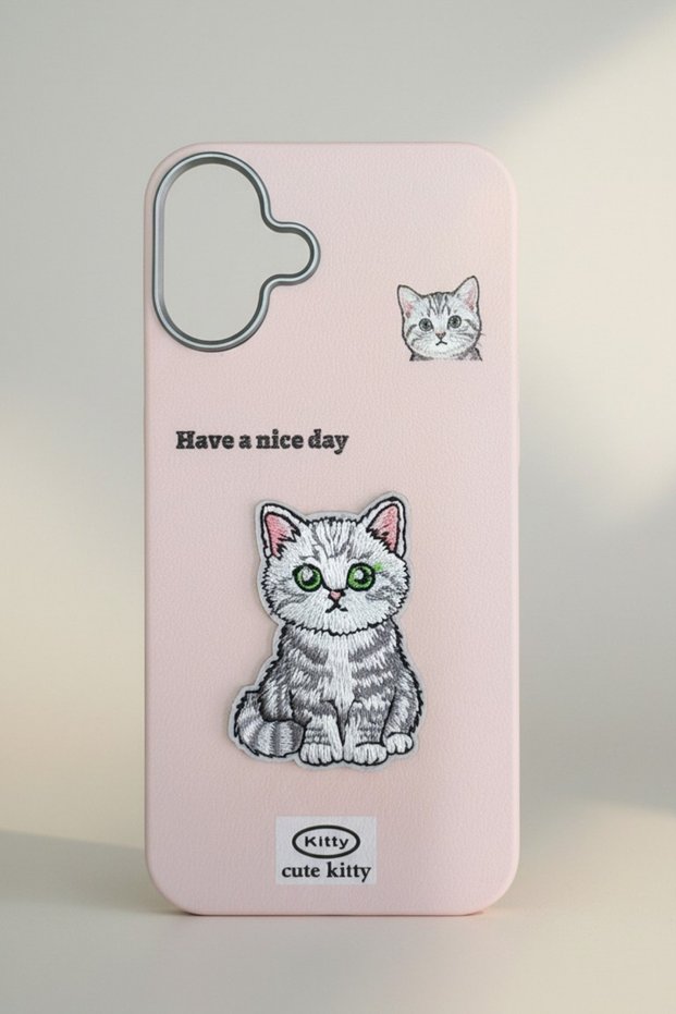iPhone 17 Compatible Kawaii Embroidered Cute Kitty Figured Silicone Phone Case