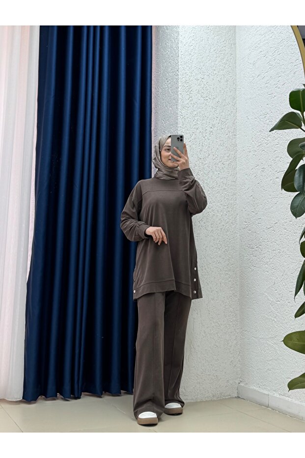 Arife Piqué Set with Robe in Front and Buttoned Pants on the Side - Ey1006 Brown