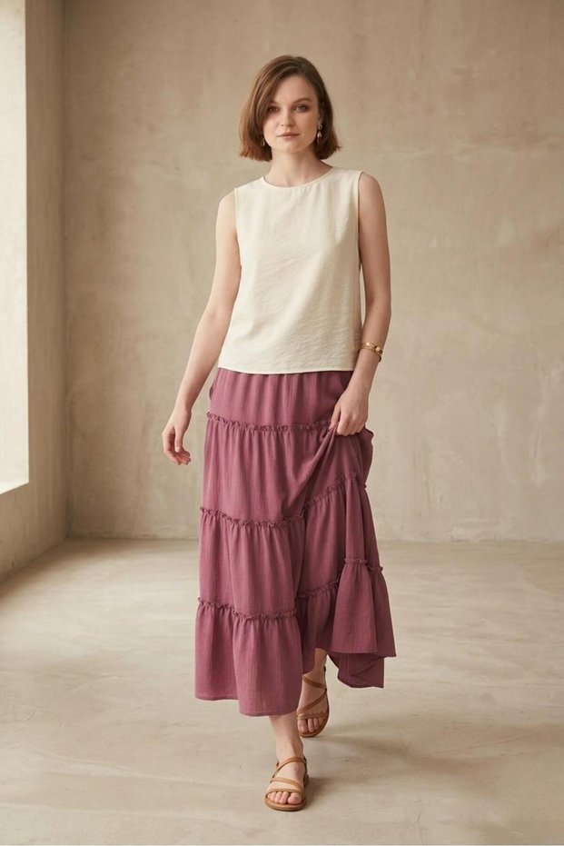 Maxi Layered Skirt with Volan Detail / Summer High-Waisted Comfortable Cut Casual & Stylish Combination