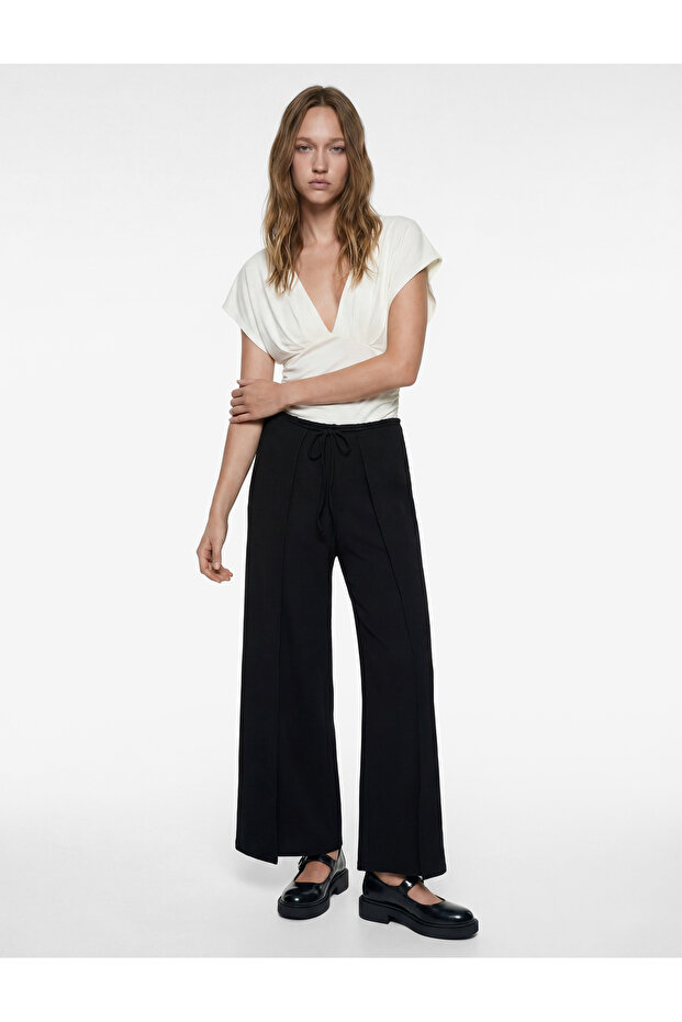 Slim Fit Short Sleeve V-Neck Blouse with Tie Detail