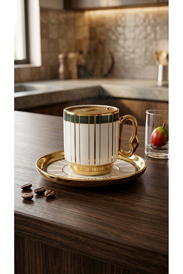 Emerald Stripe Series - Emerald Green & Gold Striped Coffee Set for 6 People