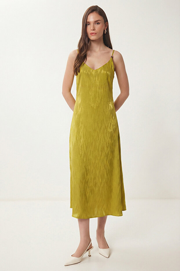 Strappy Patterned Satin Surface Dress Lgx0005 Olive Green