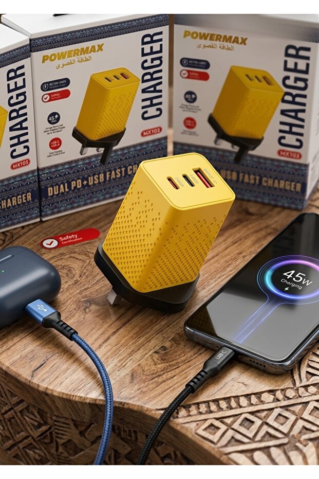 شاحن حائط MX103 بقوة 45 واط بثلاثة منافذ - محول شحن سريع مزدوج PD + USB مع شهادة السلامة