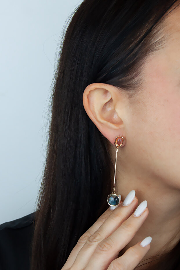 Double Stone Detailed Long Gold Dangle Earrings