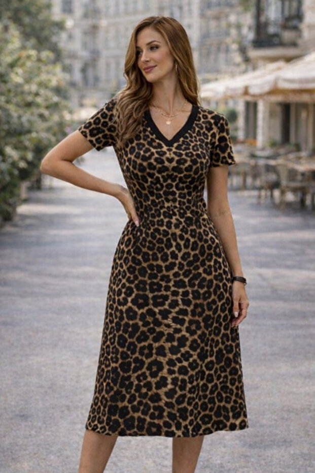 New Season Women's Short Sleeve V-Neck Leopard Patterned Midi Single Jersey Summer Dress