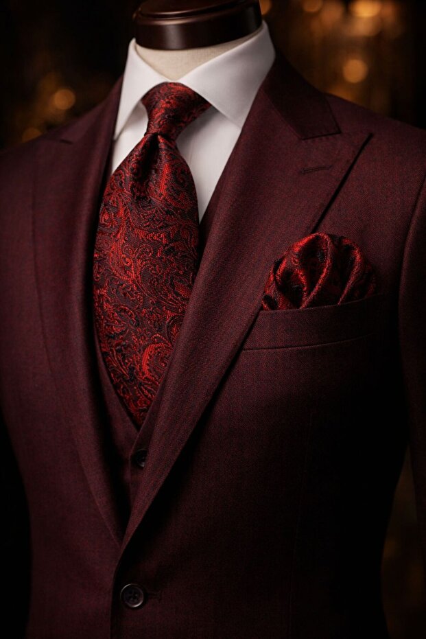 Burgundy Shawl Patterned Handkerchief Tie