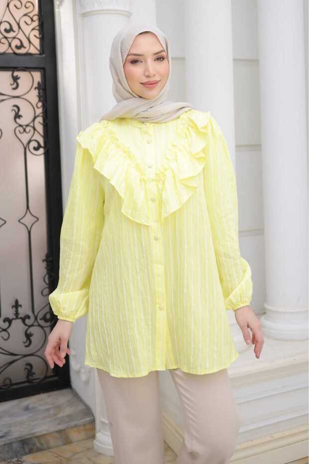 Yellow Collar Detailed Striped Shirt with Elastic Sleeves