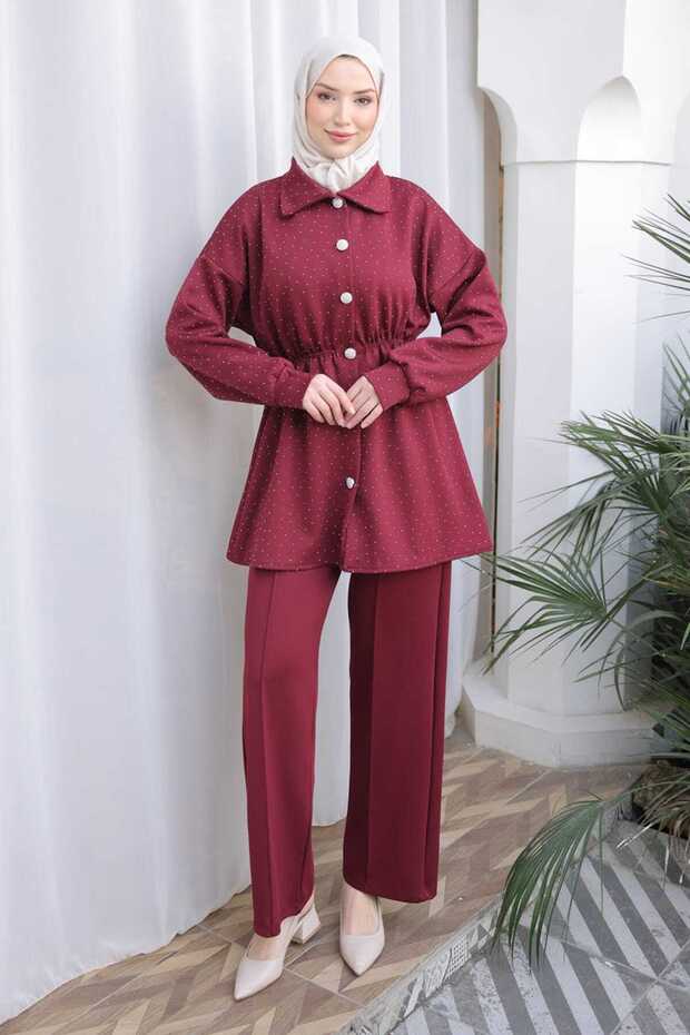 Burgundy Stone Detailed Elastic Waist Tunic Pants Scuba Suit