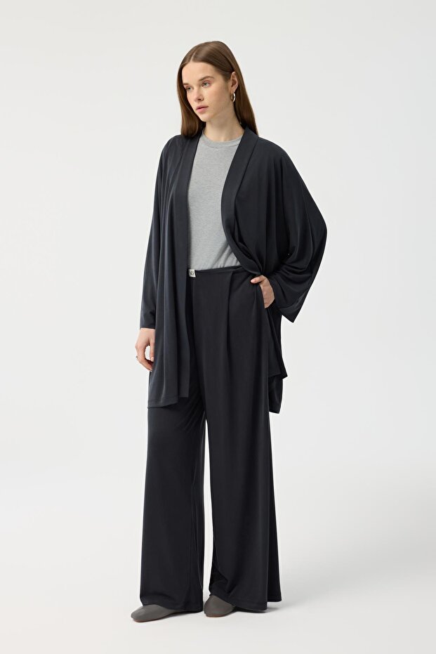 Modal Cupra Wide Pleated Trousers Midi Abaya Set Black