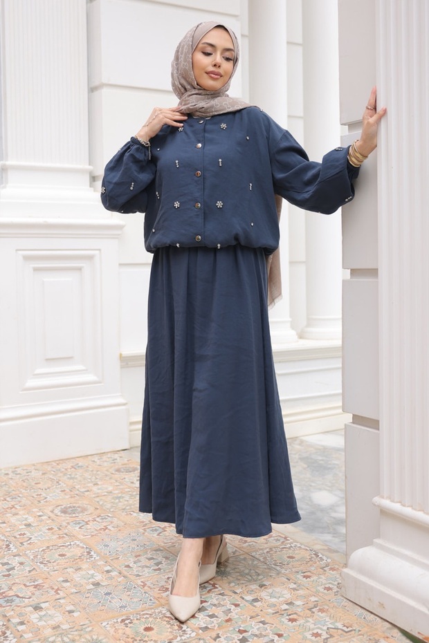 Navy Blue Jacket and Skirt Set with Elastic Sleeves and Waist and Stone Detailing