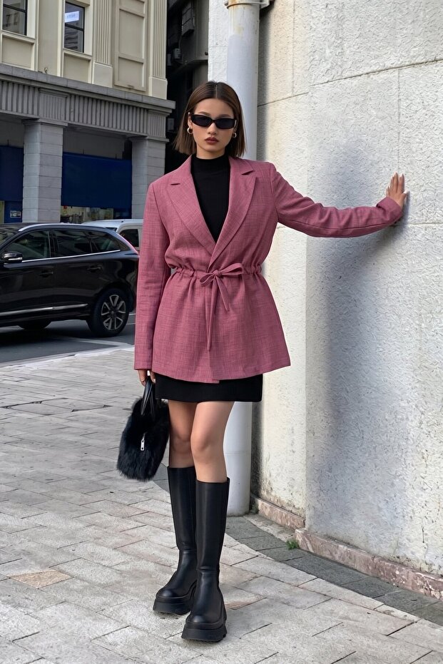 Women's Dusty Rose Oversized Jacket with Drawstring Waist and Tie Arm-26Y001082