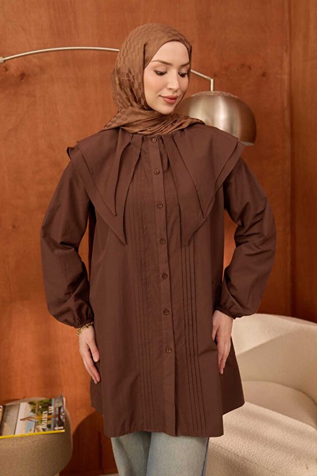 Brown Ribbed Front Double Collar Poplin Tunic