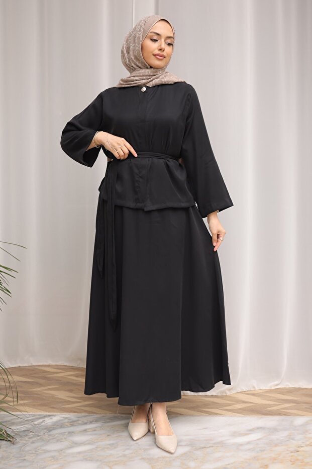 Black Hidden Button Waist Belted Shirt Skirt Suit