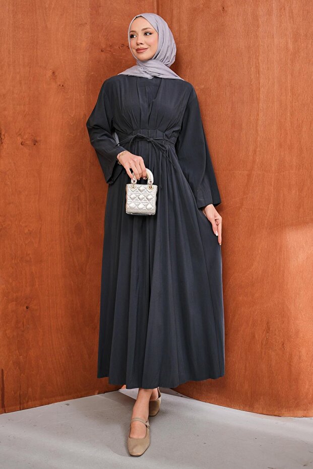 Anthracite Pleated Dress with Waist Tie