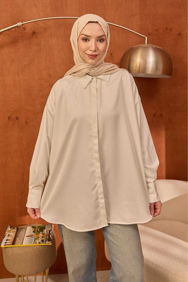 Ecru Oversized Tunic with Hidden Buttons