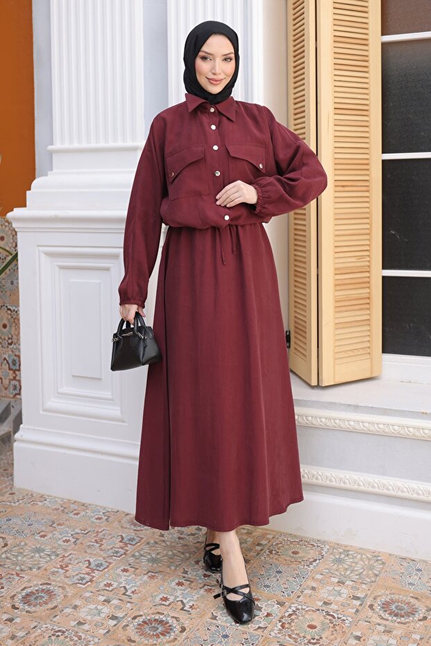 Burgundy Bat Sleeve Asymmetrical Pocketed Jacket Skirt Set