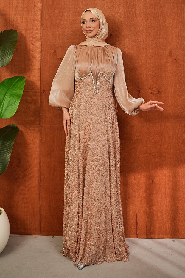 Mink Bead Embroidered Fish Model Evening Dress