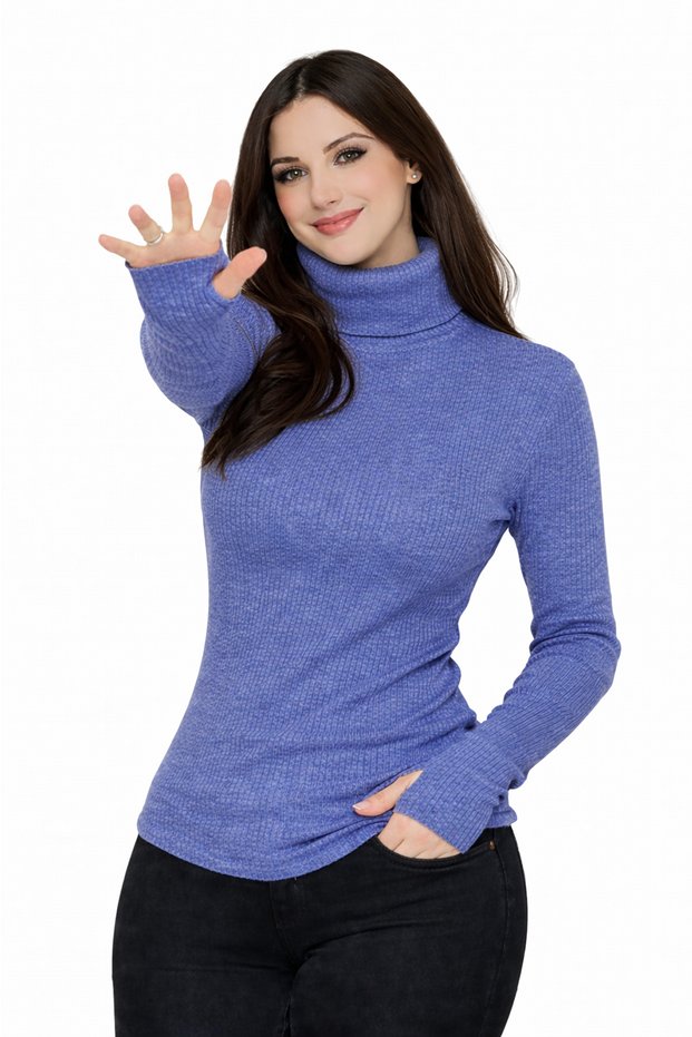 Smoky Blue Turtleneck Body Sweater with Finger Detail