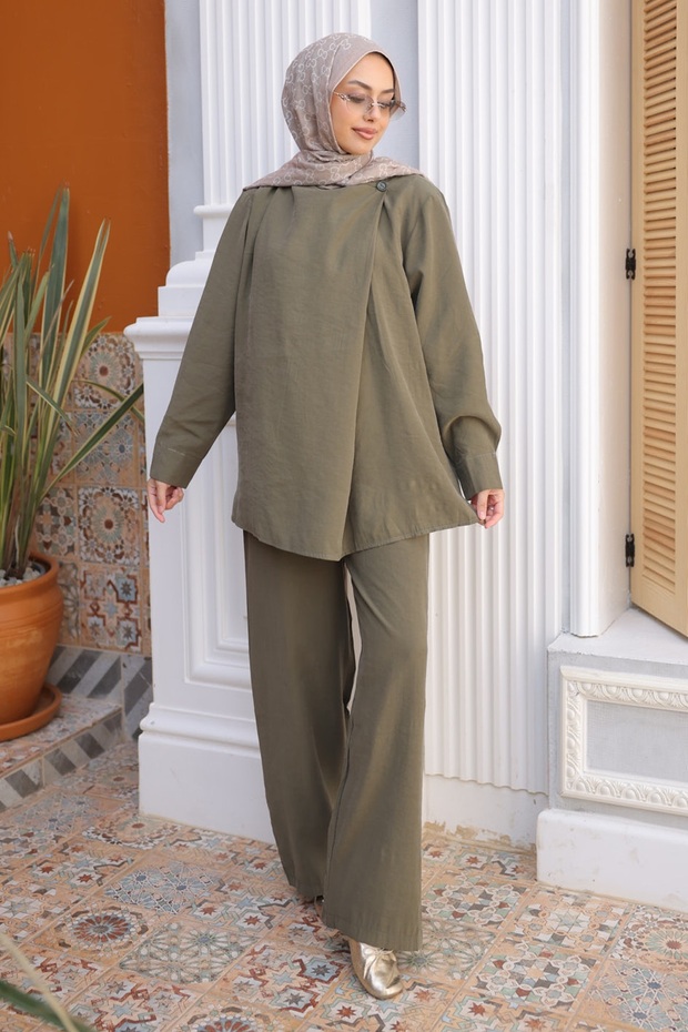 Khaki Collar Detailed Tunic and Trousers Modal Set