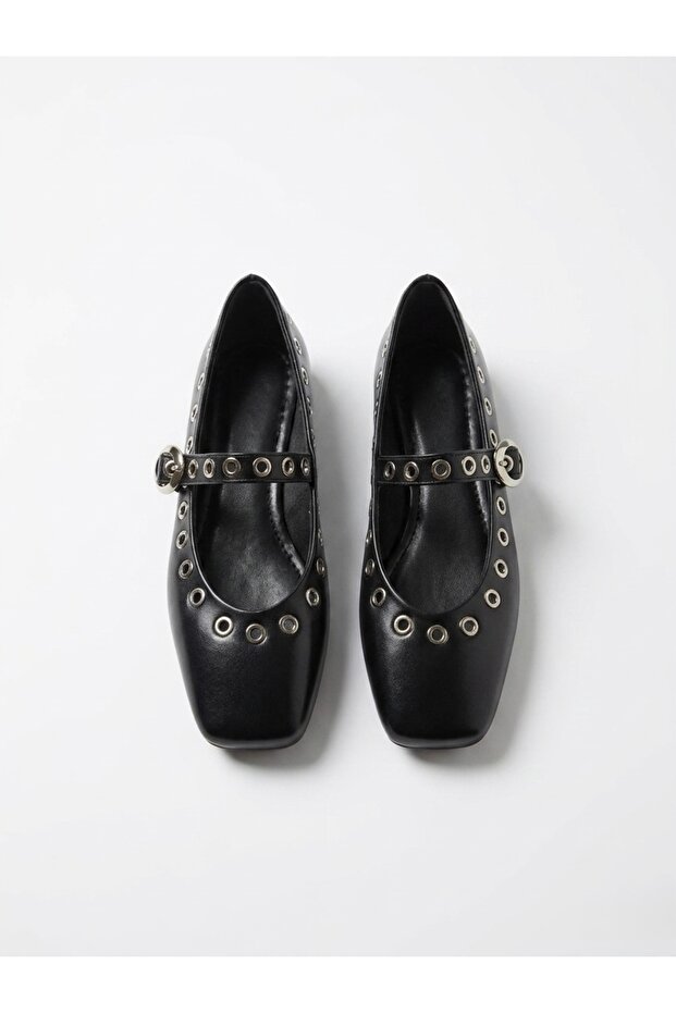 Black Ring Detailed Square Toe Mary Jane Ballerinas