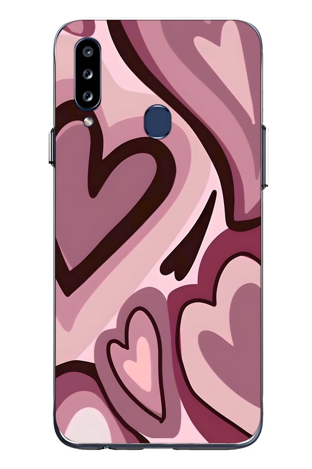 Samsung Galaxy A20S Compatible Burgundy Heart Patterned Transparent Phone Case