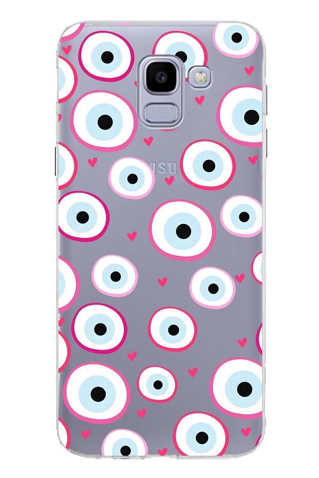 Samsung Galaxy J6 Compatible Pink Evil Eye Bead Patterned Transparent Phone Case