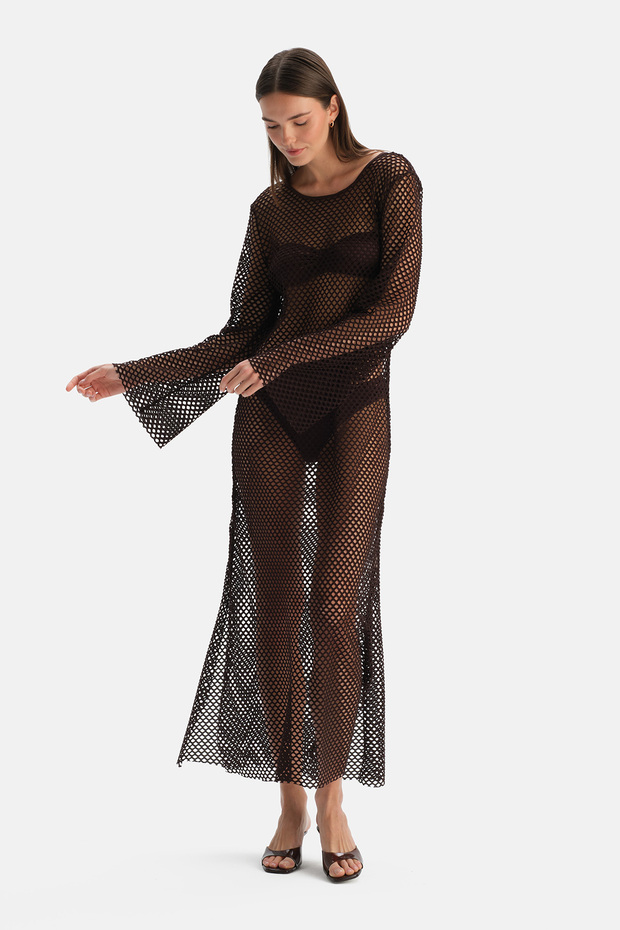 Rochie lungă din plasă maro - 5