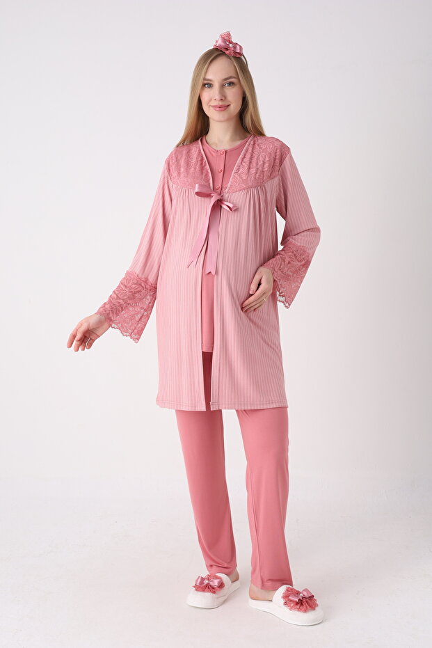Pajama Set with Robe and Short Sleeves for Maternity and Pregnancy, Set of 3