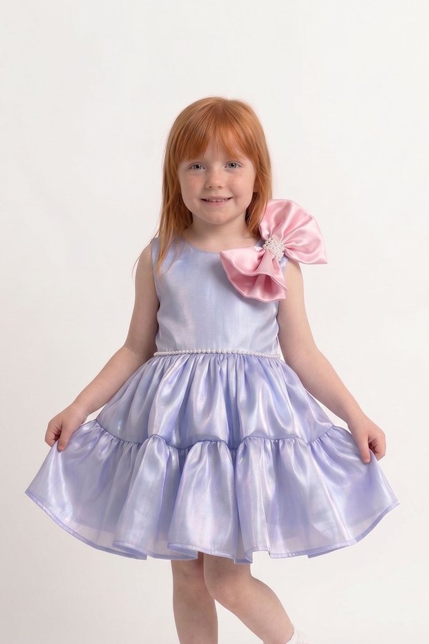 Pink Bow Organza Balloon Sleeve Blue Zero Sleeve Girls' Baby Evening Dress